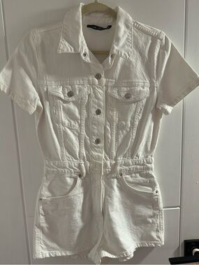 Zara White Jean Short Jumpsuit
